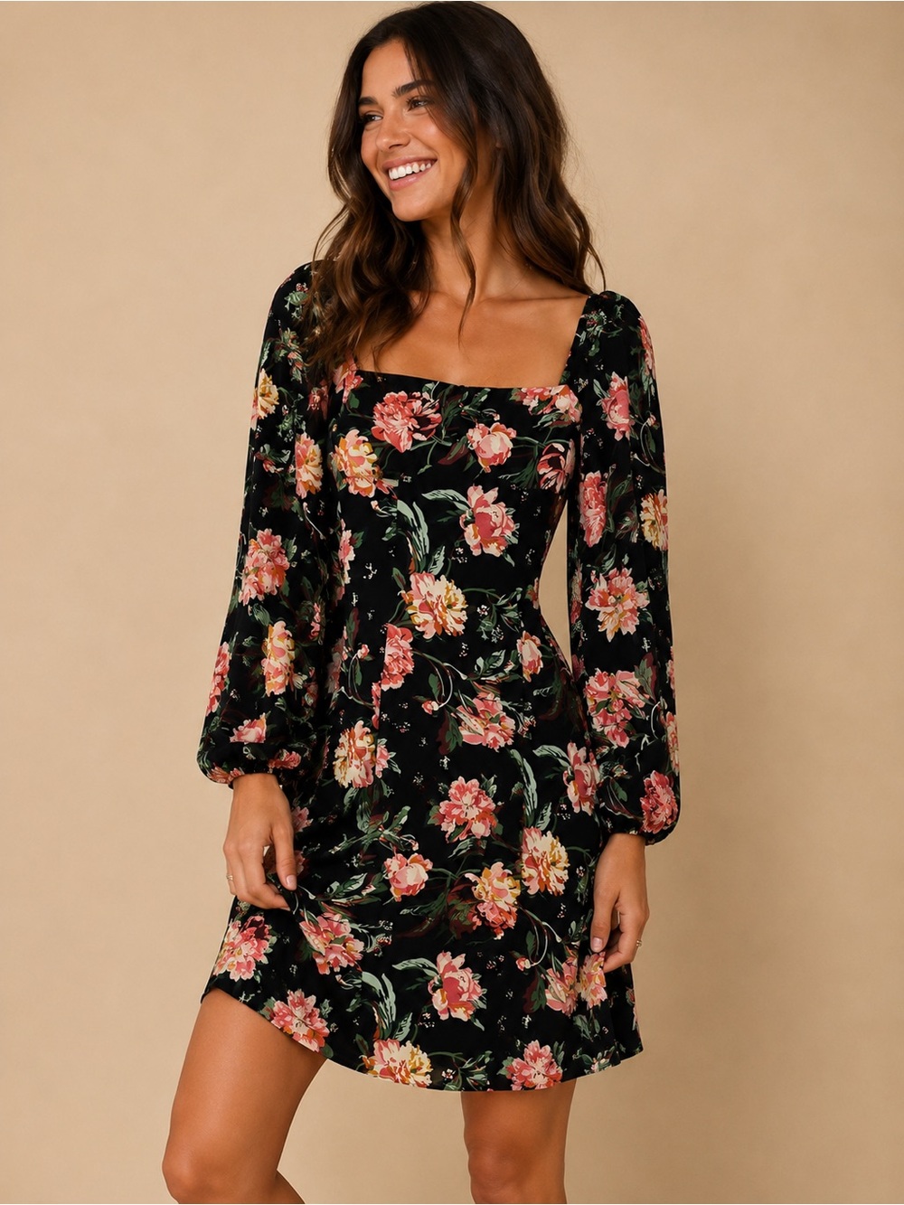 Missguided black floral long-sleeve midi dress